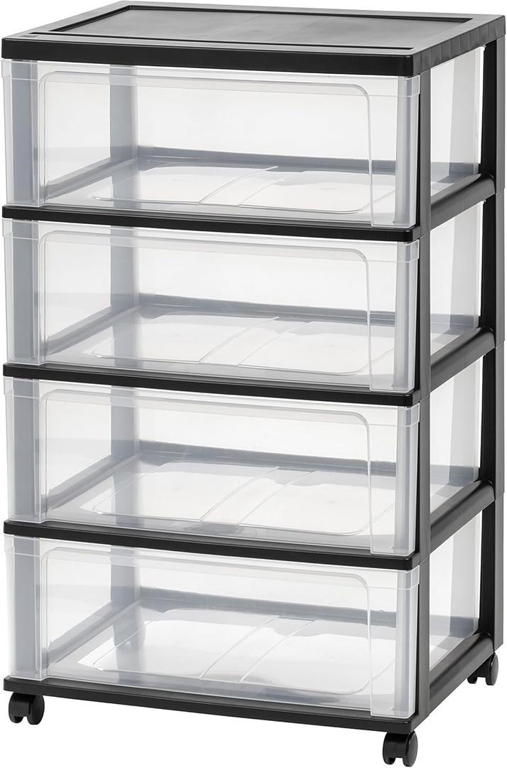 IRIS USA Plastic Drawer Storage Organizer Rolling Cart, with Wheels Casters, 4-Drawers, for Art Craft Supplies Bathroom Dorm Bedroom Laundry Room, Wide, Black