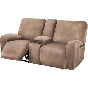 ULTICOR Reclining Love Seat with Middle Console Slipcover, 8-Piece Velvet Stretch Loveseat Reclining Sofa Covers, 2 seat Love seat Recliner Cover, Thick, Soft, Washable, Love seat Slipcovers (Sand)