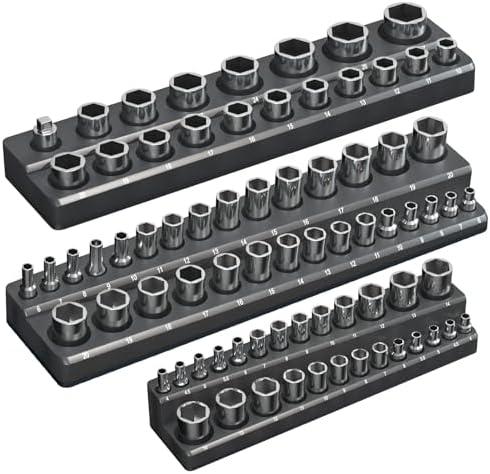 Magnetic Socket Organizer Holder Set – 2-Piece Tool Organizers Including 1/4", 3/8" and 1/2" Drive Socket Holder Metric 68 Pieces Socket Trays (Sockets are not Included) Black