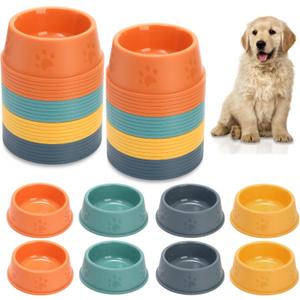 24 Pack Plastic Dog Bowl, 10 Oz Reusable Pet Food and Water Bowl with Cute Dog Paw Print, Stackable Puppy Cat Feeding Bowls Food Dishes for Dog Cat Party Supplies, 4 Color