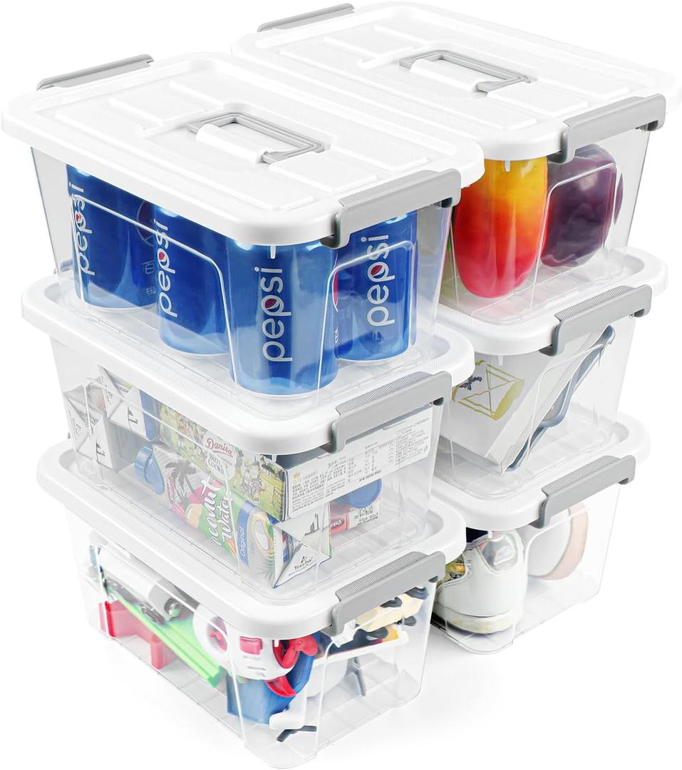 AREYZIN Plastic Storage Bins With Lids,6 Pack Storage Organizer Bins,7 Quart Stackable Storage container with Lid and Gray Handle Buckle Easy for Home Office Organization, with White Lids