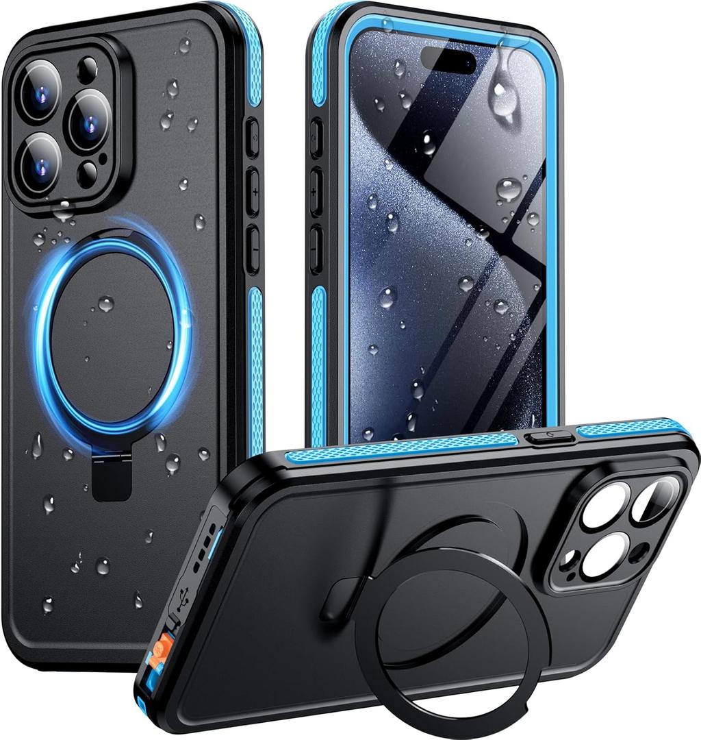 Temdan Magnetic for iPhone 15 Pro Case Waterproof,[IP68 Underwater] [Built-in Ring Invisible Stand & Screen Protector][Drop-Resistant][Dustproof] Shockproof Phone Case 6.1'' -Blue