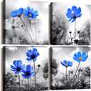 Wall Art For bedroom Black and White cyan blue flower Canvas Wall Decor for Home Decor artwork painting 12" x 12" 4 Pieces Canvas Print For Living Room Decor Modern Salon kitchen Still Life Painting