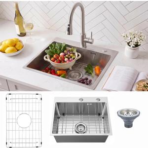 Geetery 20 x 16 Inch Drop in Bar Sink, 9" Deep Single Bowl 304 Stainless Steel Top Mount Small Kitchen Sink Set with Grid Drain Strainer P-trap Drain Kit for Kitchen Island Prep Bar Rv Laundry Room, 20 x 16 Inch, 9" Basin Depth
