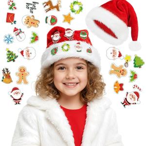 Light Up Santa Hat, Led Christmas Hat, Santa Hats Adult with 20 Diy Stickers, for Xmas New Year Party (Classic Red Kids)