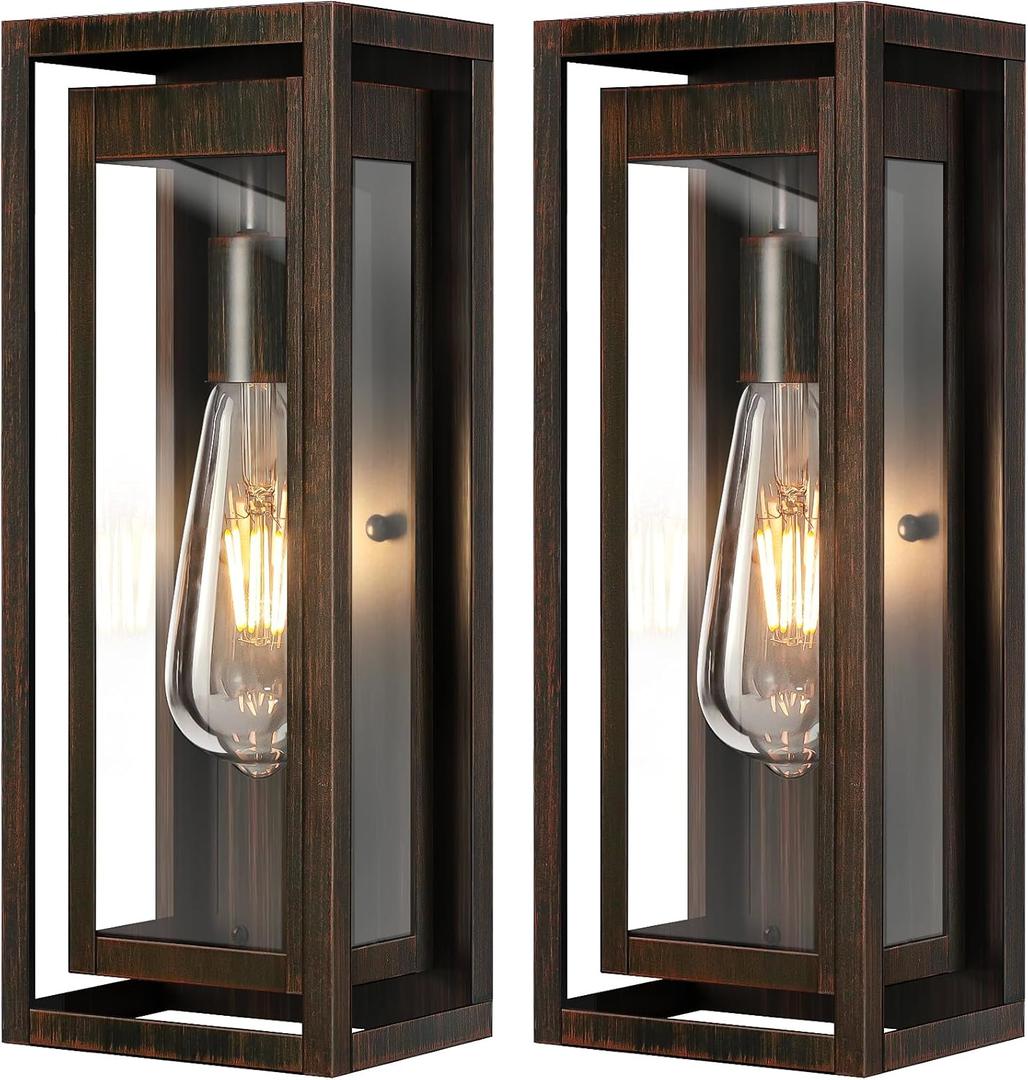 15" Large Outdoor Light Fixture Wall Mount, 2 Pack Distressed Brown Outdoor Sconce Lights, Modern Waterproof Exterior Porch Lights with Clear Glass Shade for Front Door, Garage