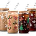 Christmas Glass Cups Set of 4, 16oz Mason Jar Mugs with Lid and Straw, Holiday Drinking Tumblers for Iced Coffee, Decorative Glasses and Gift Set for Women and Men