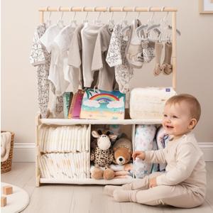 GiftAmaz 3-in-1 Wooden Baby Shower Crate Closet, Large Baby Basket for Nursery, Personalized Baby Gifts Basket, Baby Clothes Rack for Baby Shower, Newborn Boy Girl Welcome Gift for New Mom Parents