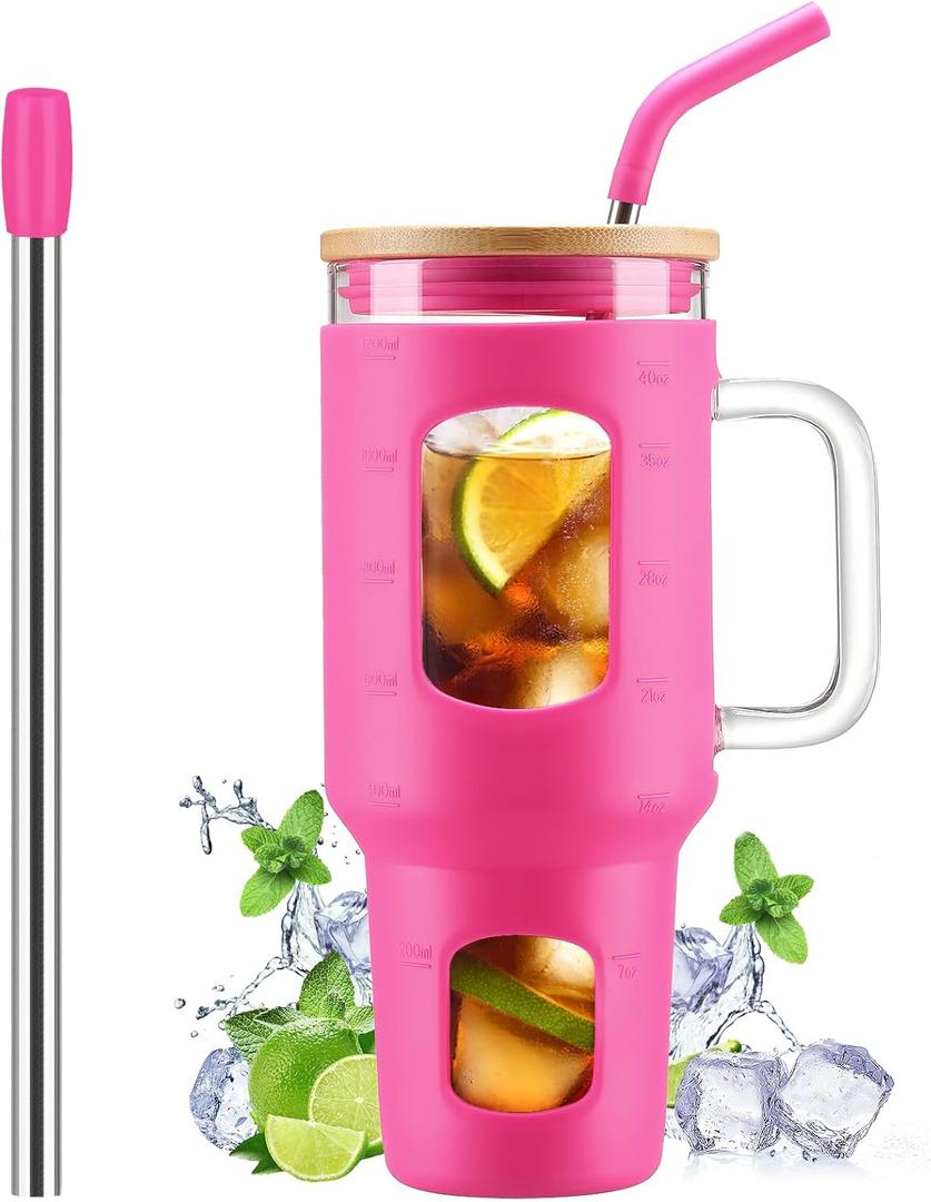 WINSA Glass Tumbler with Straw and Lid, 40 oz glass cup with handle, Glass Water Bottles with Time Marker, Silicone Protective Sleeve-Rose Red