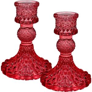 Glass Candlestick Holders Set of 2Taper Candle Holders Fit 0.8 Inch Candles, Crystal Decorative Candle Stand Centerpiece for Table Wedding Dinning Party 4 Inch Tall (Red)