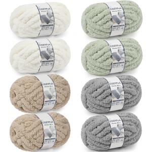 Cozyful Chunky Yarn for Hand Knitting - #10 Chunky Chenille Yarn, Jumbo Big Thick Chunky Yarns for Crocheting, Super Bulky Chunky Knit Blanket Yarns, 8 Skein (25yd, 8oz/Skein), Cream&Sage&Khaki&Grey