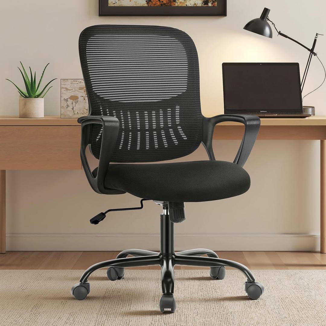 OLIXIS Home Office Chair, Mid Back Computer Ergonomic Mesh Desk with Large Seat, Executive Height Adjustable Swivel Task with Lumbar Support and Armrest, for Adults, Black, 18.5"D x 20.08"W x 41.5"H