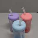 The First Years Squeeze & Sip Toddler Straw Cups - Squeezable Transition Sippy Cup with Silicone Straw - Toddler Feeding Supplies - 7 Oz - 3 Count - Ages 6 Months and Up (Pink, Purple, Blue)