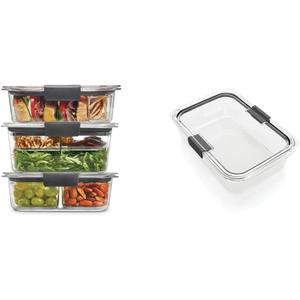 Rubbermaid Brilliance Food Storage Containers with Lids, Airtight, for Lunch, Meal Prep, and Leftovers, Set of 3 with Removable Trays | Large 9.6 Cup Container