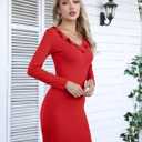 Valiamcep Women's Mini Dress V Neck Ruffle Long Sleeve Ribbed Slim Fitted Bodycon Pencil Dresses (Red, S)