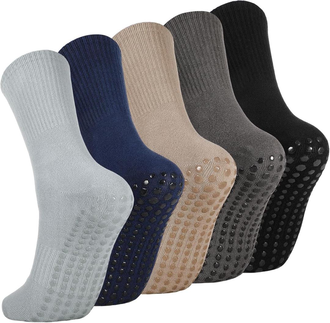 3/5 Pairs Pilates Socks with Grips for Women Men, Non Slip Crew Socks for Yoga, Barre, Dance, Ballet, Fitness, L
