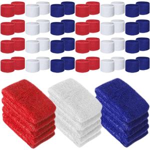 Leyndo 72 Pcs Wrist Sweatbands Bulk for Kids Field Day Cotton Terry Sweat Bands Sports Fan Wristbands Kids for Summer Camp Student Football Team Competition Party (Red, White, Navy Blue)