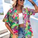 ALLTB Hawaiian Shirts for Women Tropical Floral Printed Hawaii Shirts Button Down V Neck Short Sleeve Blouses Tops (M)