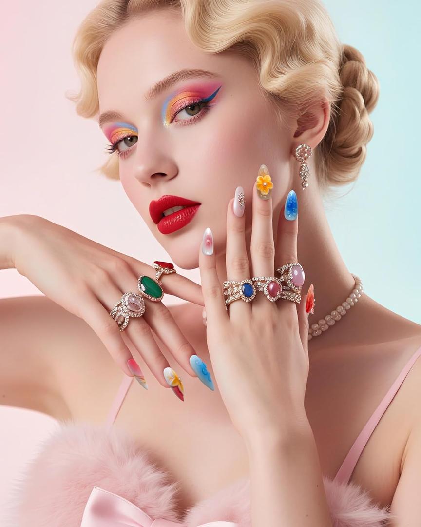 2 x French Tip Almond Press On Nails Long - Handmade 3D Pink Blue Design with Jelly Glue | Reusable Fake Nails for Women Daily (10Pcs M)