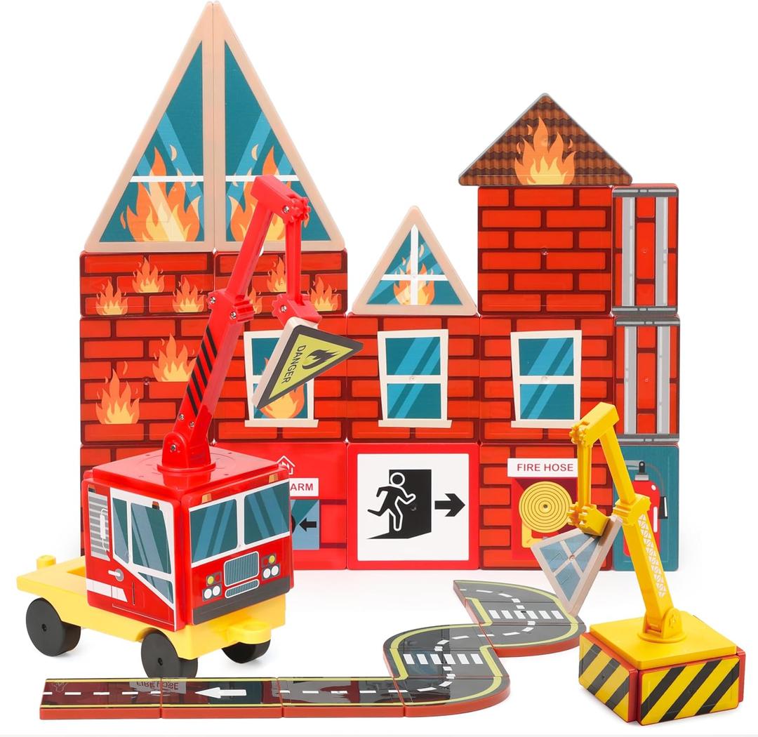 SYNCFUN 40PCS Magnetic City Rescue Set for Kids  Dual-Theme Construction & Firefighting Scenarios, Including Vehicles & Cranes, Educational STEM Toy for Boys & Girls Ages 3-5 4-8