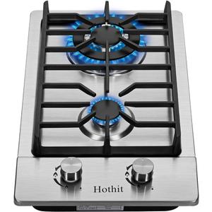 2 Burner Propane Gas Cooktop, 12" Inch LPG/NG Dual Fuel Built-in Gas Stove Top With Thermocouple, Stainless Steel Electronic Ignition Gas Hob AHT12IN20S-SD (Silver)