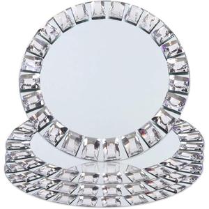 Silver Glass Charger Plates, Set of 4-13 Inch Round Mirror Chargers with Glass Mosaic Rim for Wedding Party Table Decor