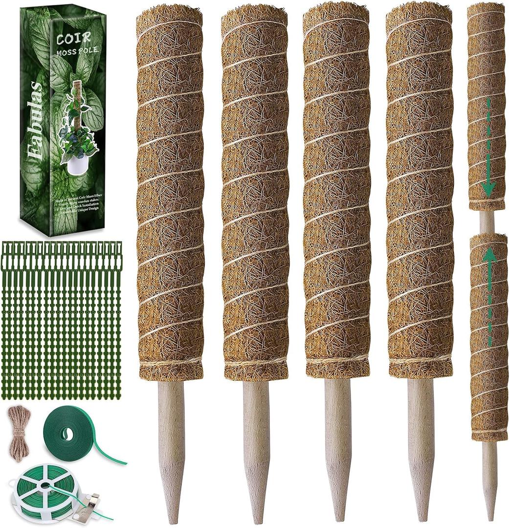 Fabulas Moss Pole 47.5 Inch - Monstera Plant Support, 4 Packs 16 Inch Plant Stakes for Indoor Plants Coco Coir Moss Pole Sticks for Climbing Potted Live Plants, Pothos, Philodendron, with Garden Ties
