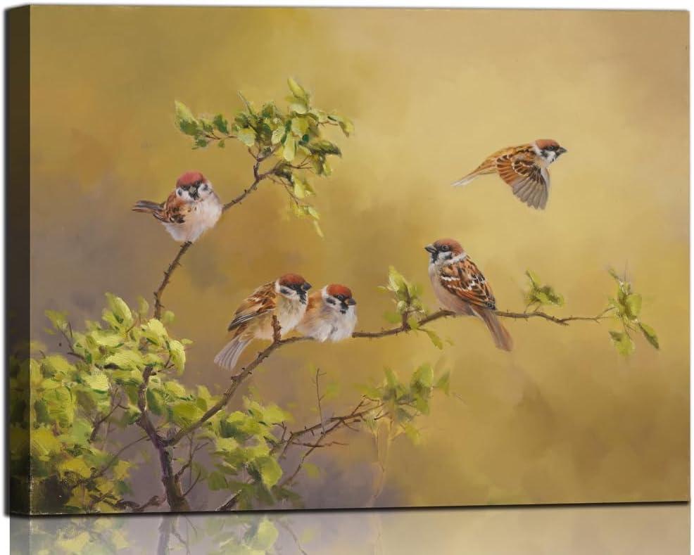 Sense&Sensitivity Arts-Bird Wall Art Sparrow Pictures Wall Decor Farmhouse Yellow Bird pictures Traditional chinese painting Canvas print for Living Room Kitchen Bedroom Bathroom Office and Hallway Wall Decor 32 x 24 Inch