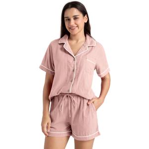 Womens Muslin Pajama Set 100% Cotton Double Gauze Linen Like Breathable Soft Button Up Loungewear Sleepwear PJ Set (Pink, L)