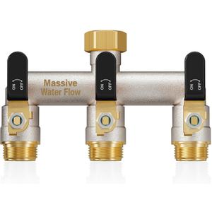 3 Way Hose Splitter Heavy Duty, Garden Hose Splitter with 3 Long Handle, Full Flow Brass Nickel Plated Water Hose T Spigot Splitter Adapter Connector, 3/4 - Inch GHT Thread (Black)
