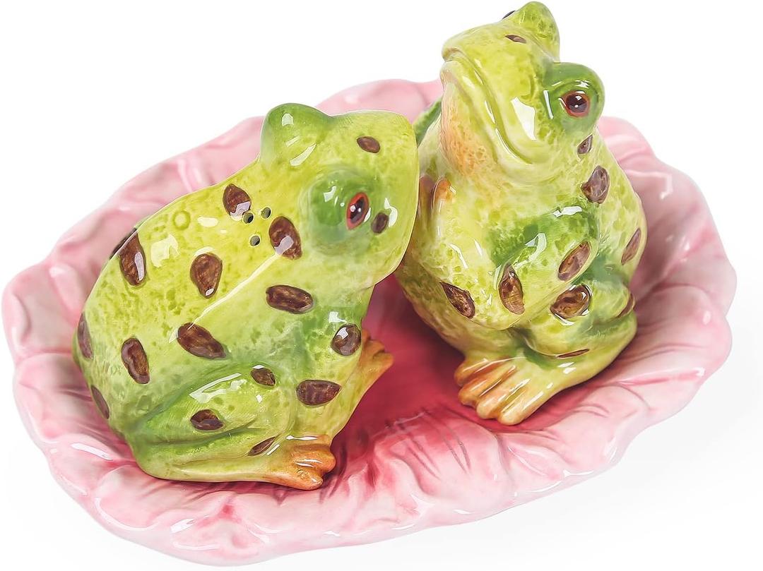Ceramic Salt & Pepper Shakers,Hand Painted Novelty Frog and Lotus Leaf Kitchen Dcor