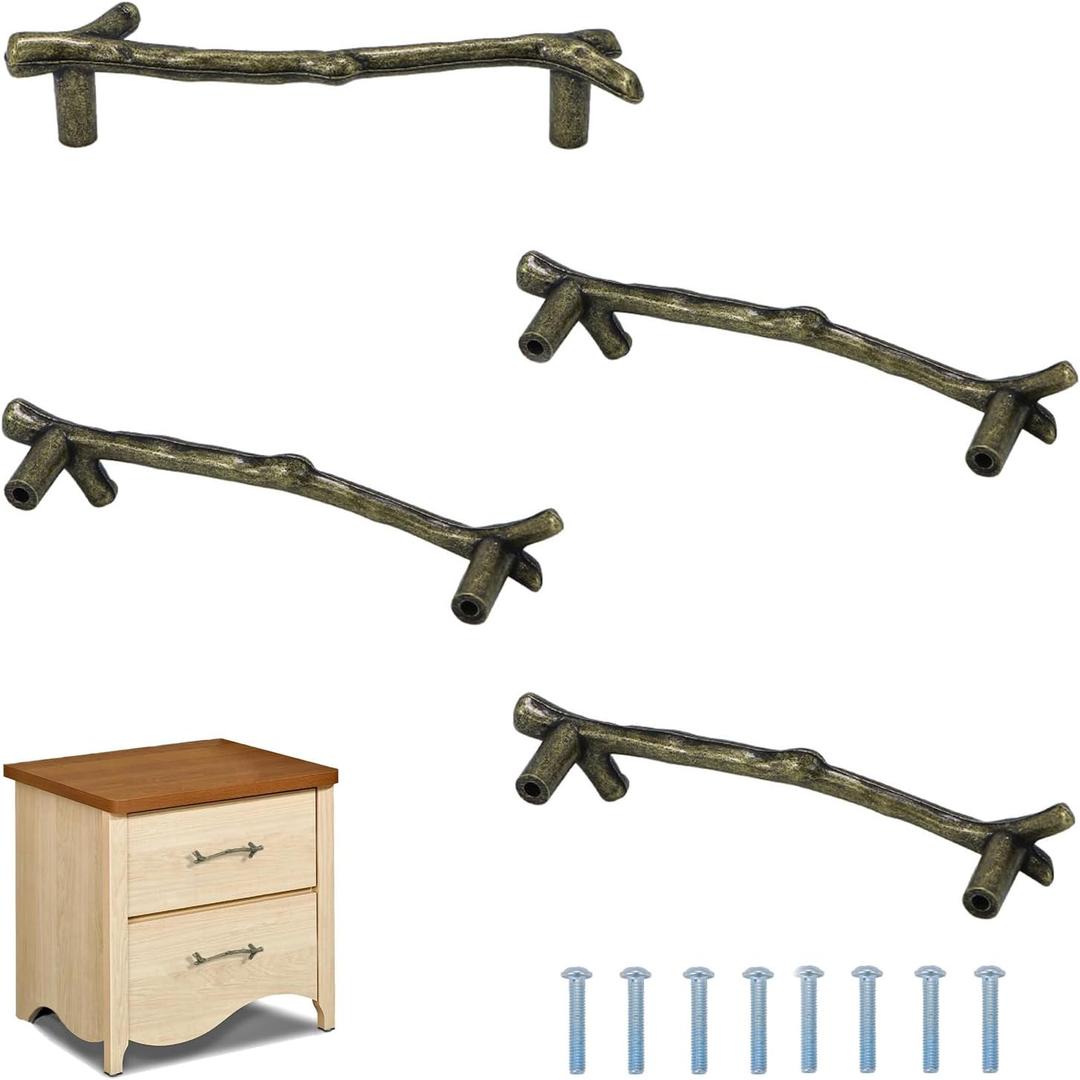Tree Twig Drawer Knobs Vintage Dresser Door Knobs Zinc Alloy Pulls for Furniture Cabinets Cupboard Closet Handles Pull Knob 4 Pcs (Bronze, 96mm)