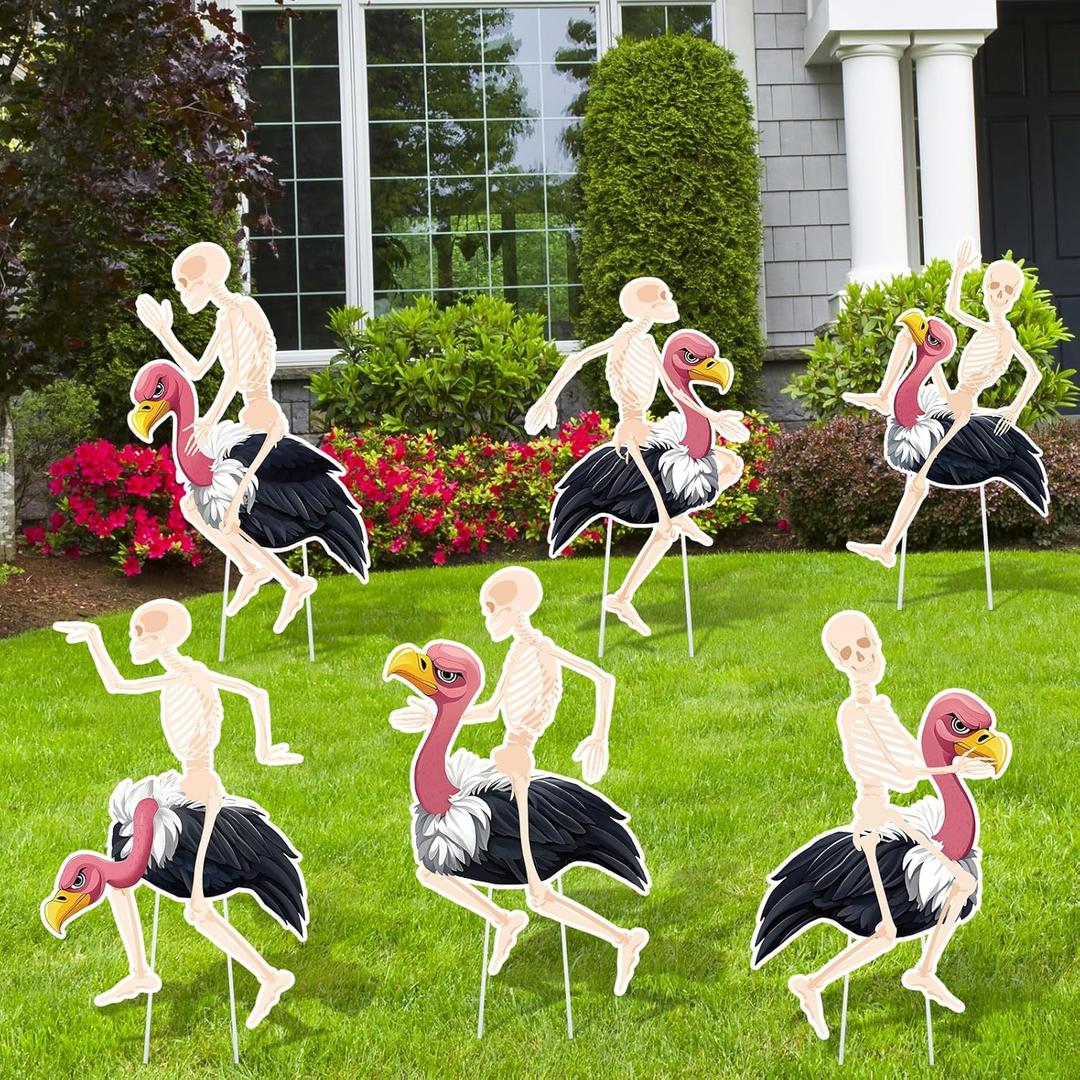 Geelin 6 Pcs Halloween Skeleton Flamingo Yard Sign Decorations with Stakes Halloween Vulture Yard Lawn Ornaments Skeleton Flamingo Creepy Decor for Garden Outdoor Party Supplies Favors