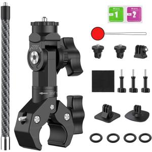 Action Camera Motorcycle Mount Bundle Compatible with Insta360 X5, X4, X3, X2, GO 3S, GoPro Hero 13/12/11, DJI Osmo Action 5 Pro - Heavy-Duty Handlebar Clamp & Helmet Extension Arm Kit