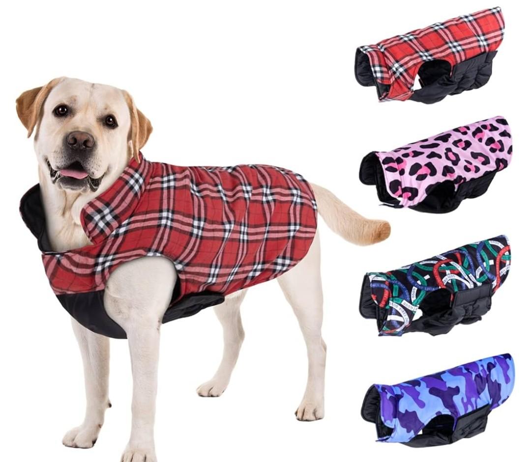 CuteBone Winter Dog Jacket - Reversible, Adjustable, Windproof & Waterproof - Thick Dog Coat for Small to Large Dogs (Large, Red Plaid)