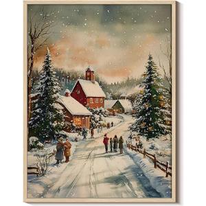 Vintage Winter Snowy Village Christmas Framed Canvas Wall Art, 12x16 Inch Cozy Family Walking Snow Road Landscape Painting, Rustic Farmhouse Living Room Bedroom Entryway Home Holiday Decor