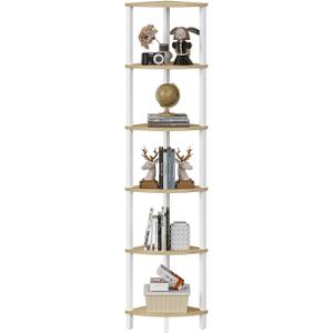 Corner Shelf, 6-Tier Corner Bookshelf, Industrial Corner Ladder Shelf, DIY Storage Shelves, Rustic Display Shelf for Living Room, Bedroom, Kitchen, Home Office, White and Nature Wood Color UJSJ004Q