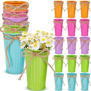20 Pack 4.3 Inch Galvanized Metal Flower Vases Bulk Small Floral Flower Bucket Rustic Vintage Farmhouse Vases for Centerpiece Country Wedding Party Decor Western Home Table(Bright Color)