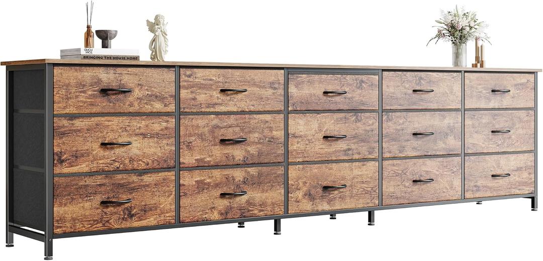Huuger 78.7 inch Long Dresser for Bedroom, 15 Drawer Fabric Dresser for Closet, Large TV Stand for 65, 75, 85 inch TV, Wide Chest of Drawer with Storage, 78.7" W x 12.9" D x 26.7" H, Rustic Brown