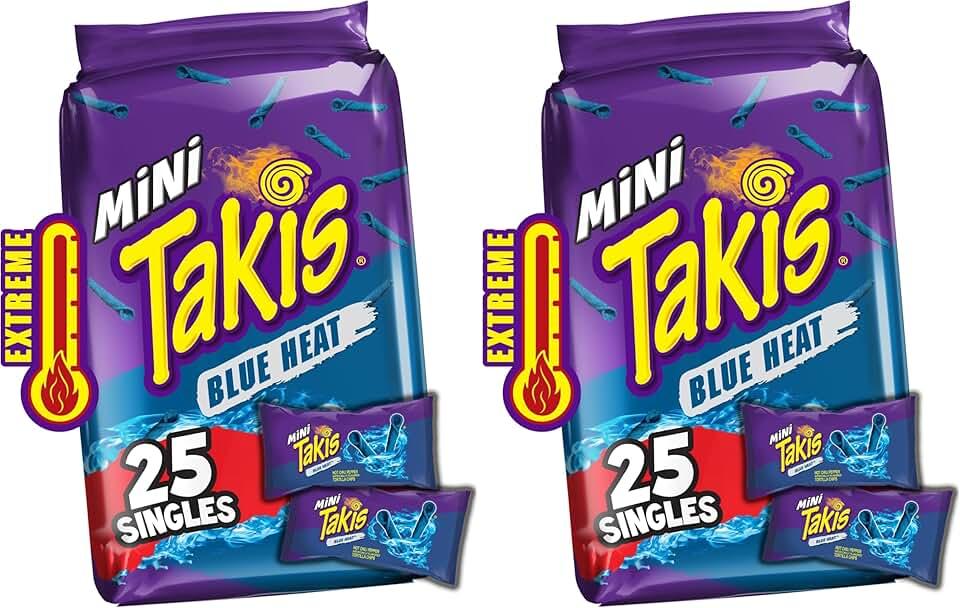 Takis Blue Heat Mini 25 pc / 1.23 oz Bite Size Multipack, Hot Chili Pepper Flavored Extreme Spicy Rolled Tortilla Chips (Pack of 2), BB SEP/15/26