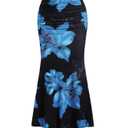 BEAUDRM Women's Floral Elegant Maxi Skirt Ruffle Hem Ruched Fishtail Bodycon Long Skirts Vacation Going Out Outfits Blue X-Large