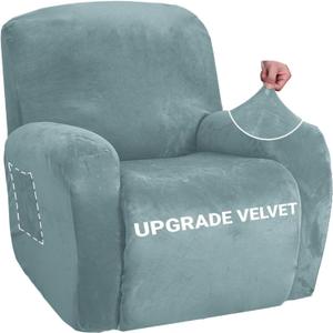 ZNSAYOTX Stretch Velvet Recliner Cover 4-Pieces, Thick Soft Recliner Chair Slipcover with Pocket, Non-Slip Elastic Bottom for Kids Pets, Luxury Plush Reclining Protector Comfy Washable (Stone Blue) (Large)