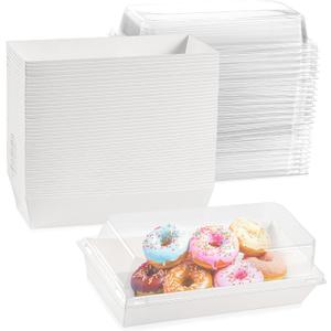 50 Pack 7.5x3.3 Inches Small Charcuterie Boxes with Clear Lids - To Go Paper Mini Treat Box, Charcuterie Boards Accessories, Dessert Boxes, Cookie, Cake Slice, Chocolate Strawberry, Donut (White)