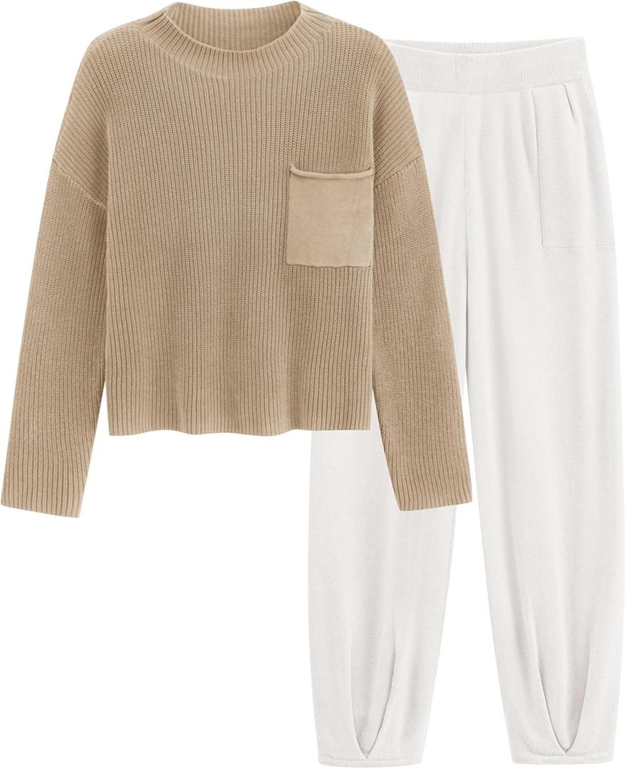 PRETTYGARDEN Two Piece Sets for Women 2026 Pullover Sweater High Waisted Sweatpants Tracksuit Lounge Set Fall Winter Outfits (Khaki Beige White,XX-Large)