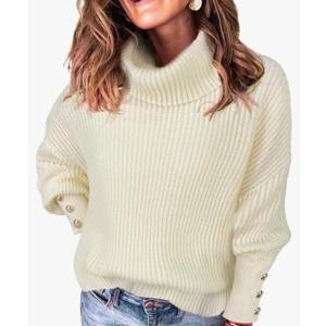 Women's Dressy Oversized Turtleneck Sweaters Fall 2024 Casual Winter Ribbed Knit Button Long Sleeve Pullover Sweater S