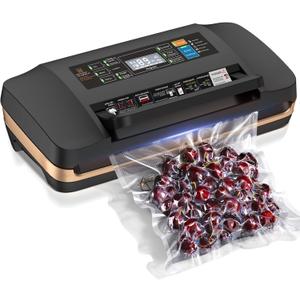 Vacuum Sealer Machine, 95KPa Commercial Food Saver with Double Seal Strips for 2X Strength, Built-in Cutter & Bag Storage, Easy-Lock Handle, Includes 1 Roll & 10 Pre-cut Bags, Black