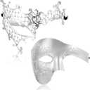 Couple Masquerade Masks Set Venetian Costume Prom Party Mask for Halloween One Eyed Half Face (Silver)