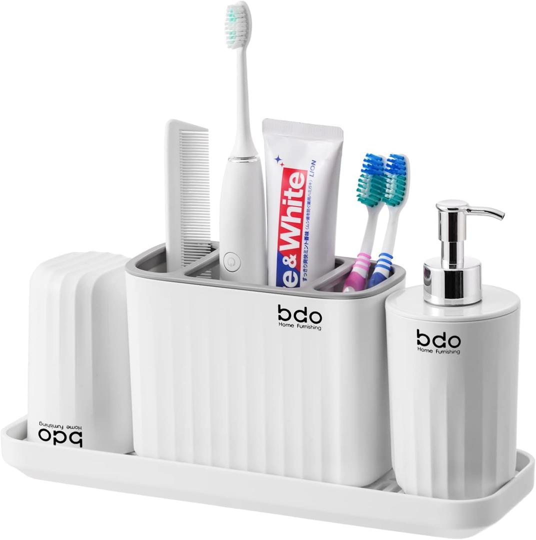 VITVITI Plastic Toothbrush Holder for Bathroom Organizer Countertop, Bathroom Counter Sink Organizer with Tumbler, Kids Soap Dispenser Set Drainage Tray for Toothpaste, White
