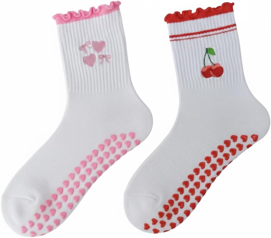 2 Pack Cute Pilates Grip Socks for Women Ruffle Frilly Yoga Socks Non Slip Cotton Crew Sock for Barre Workout