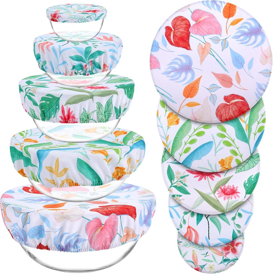 5 Pieces 5 Size Bowl Covers Reusable, Elastic Cloth Fabric Bowl Covers for Bread Proofing Washable for Food Storage Fruits Leftover (Floral Leaves)
